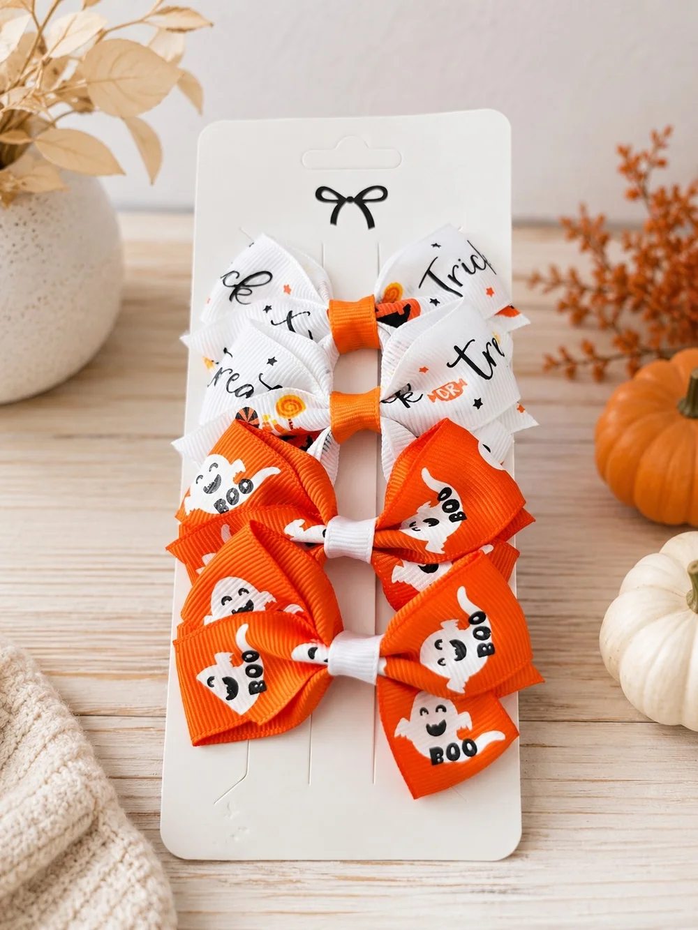 Halloween Ghost BOO Hair Bow Clips Orange Grosgrain Girls Set of 2